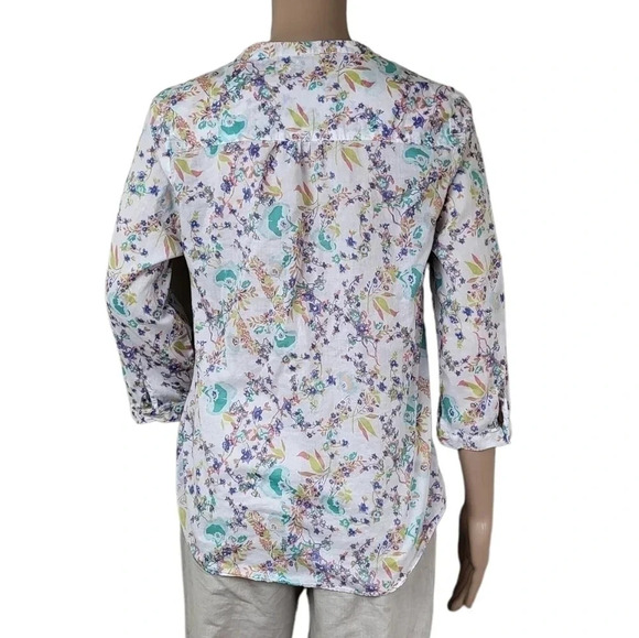 LAUREN CONRAD White Turquoise V-Neck Button Front 3/4 Sleeve Top Shirt - Picture 2 of 7